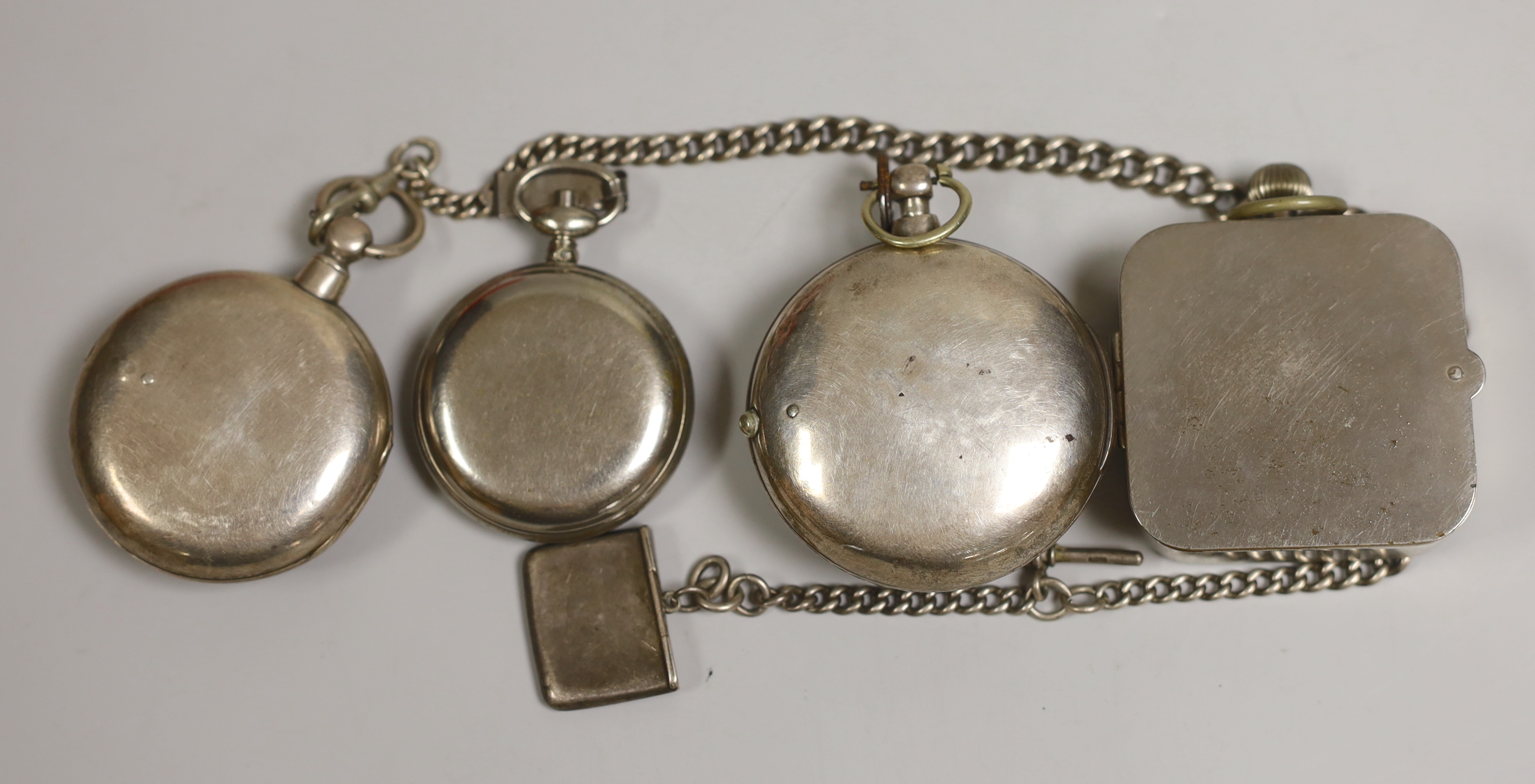 A Georgian silver pair cased keywind verge pocket watch, by Dan Chapman, Hythe, two other pocket watches, one on albert with silver stamp case and one other pocket watch.